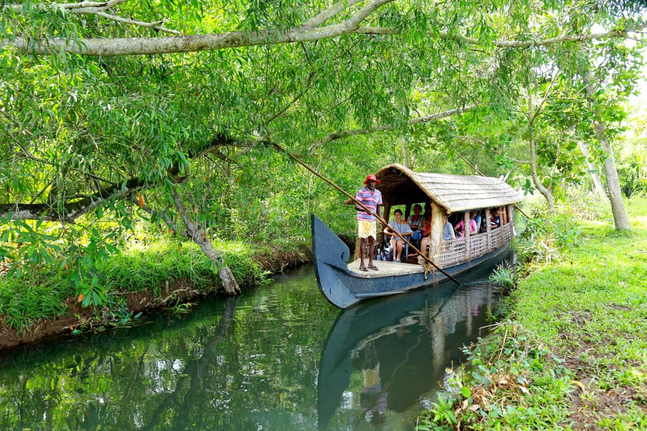 A covered boat beneath Vaikom’s green canal canopy.
